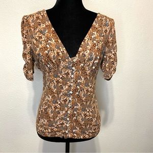 Free People Hollywood Floral Print V-Neck Top Ruched Sleeves Medium